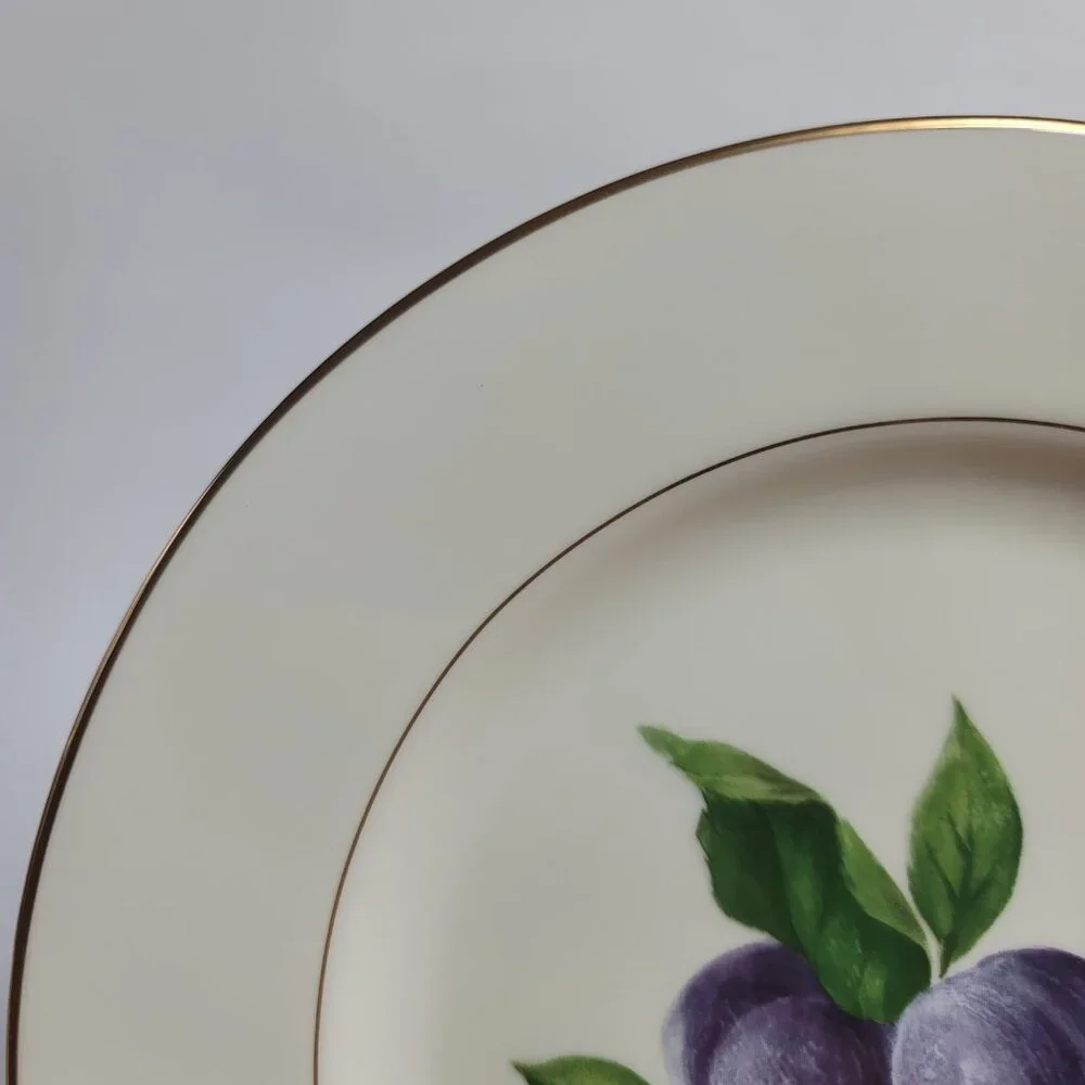 TWO Mikasa Plum Court L3132 Salad Plates White with Purple Plums & Green Leaves